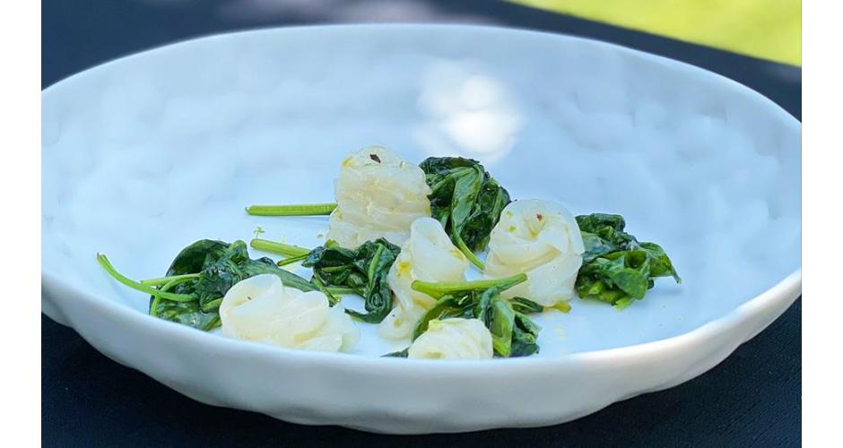 Marinated squid tagliatella with sautéed spinach