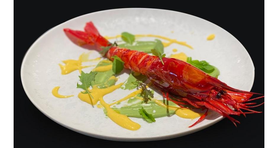 Steamed Carabinero prawn with marine plankton mayonnaise and passion fruit