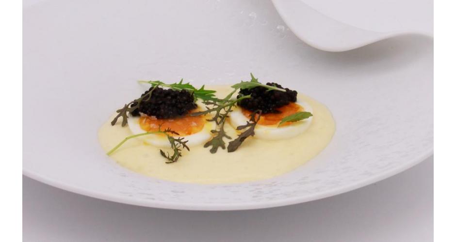Caviar, potato mousse and soft boiled egg